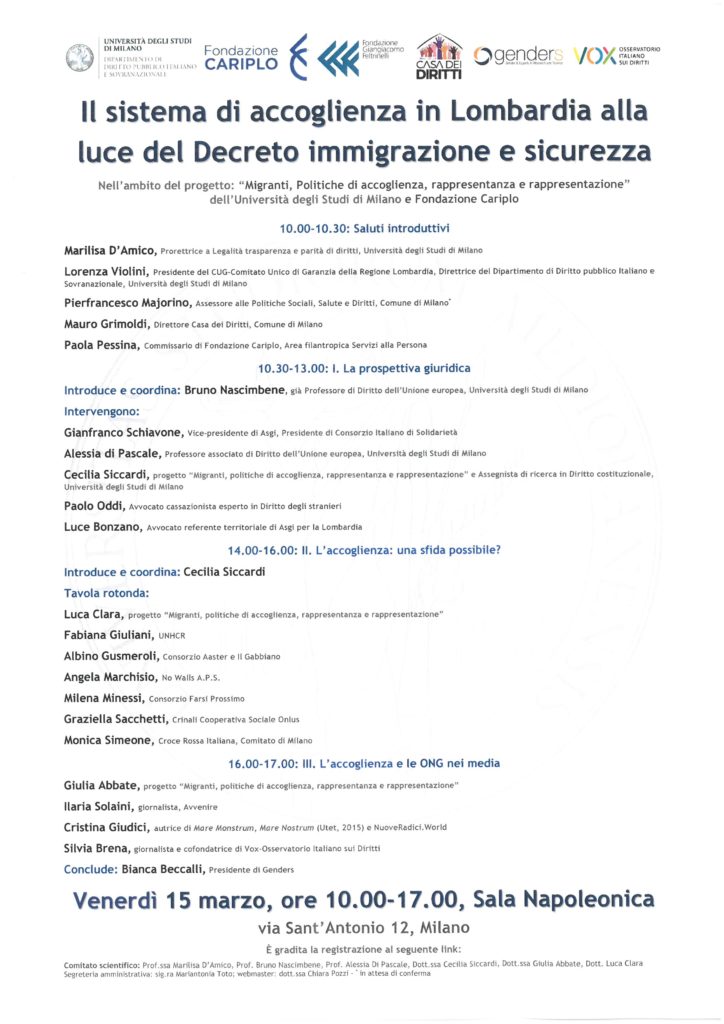 Sistema di accoglienza in Lombardia alla luce del Decreto immigrazione e sicurezza. Milano - 15 marzo 2019 | Studio Incipit